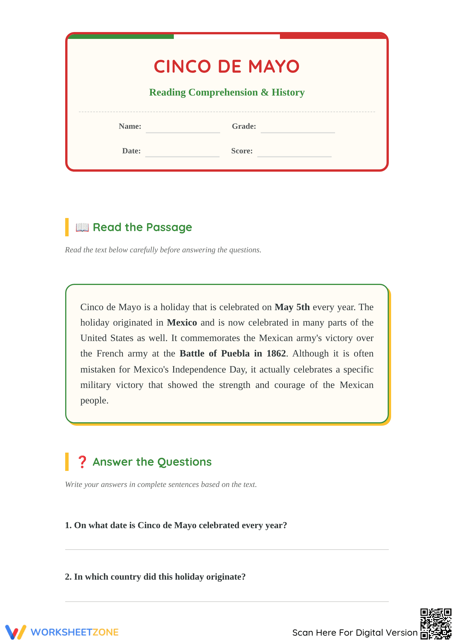 Cinco de Mayo Reading Comprehension | Grade 4 Essential - Page 1