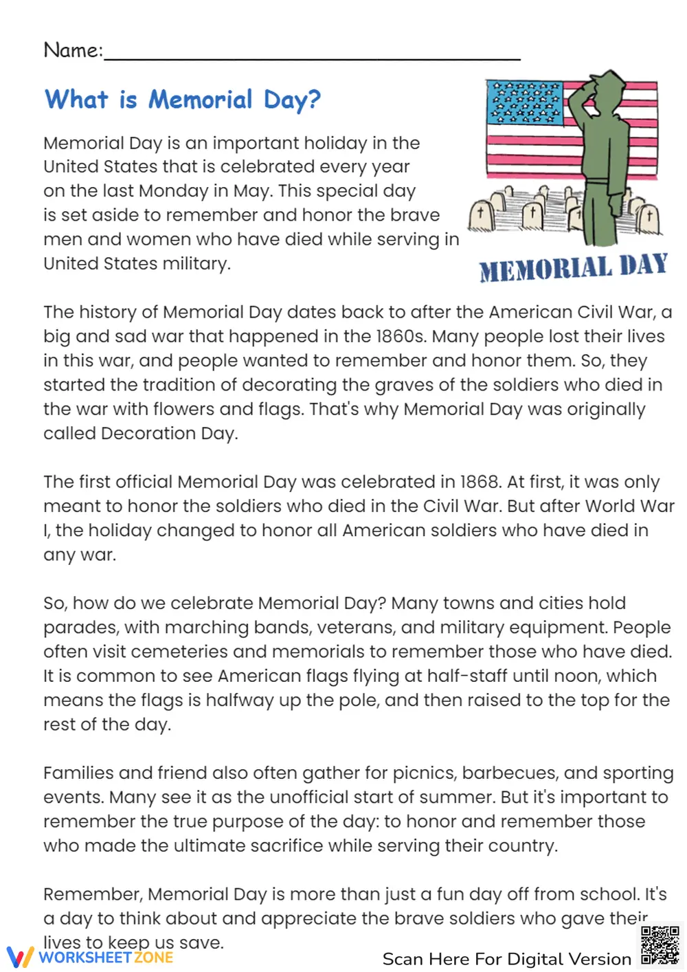 Memorial Day Reading Comprehension - History & Traditions Worksheet - Page 1