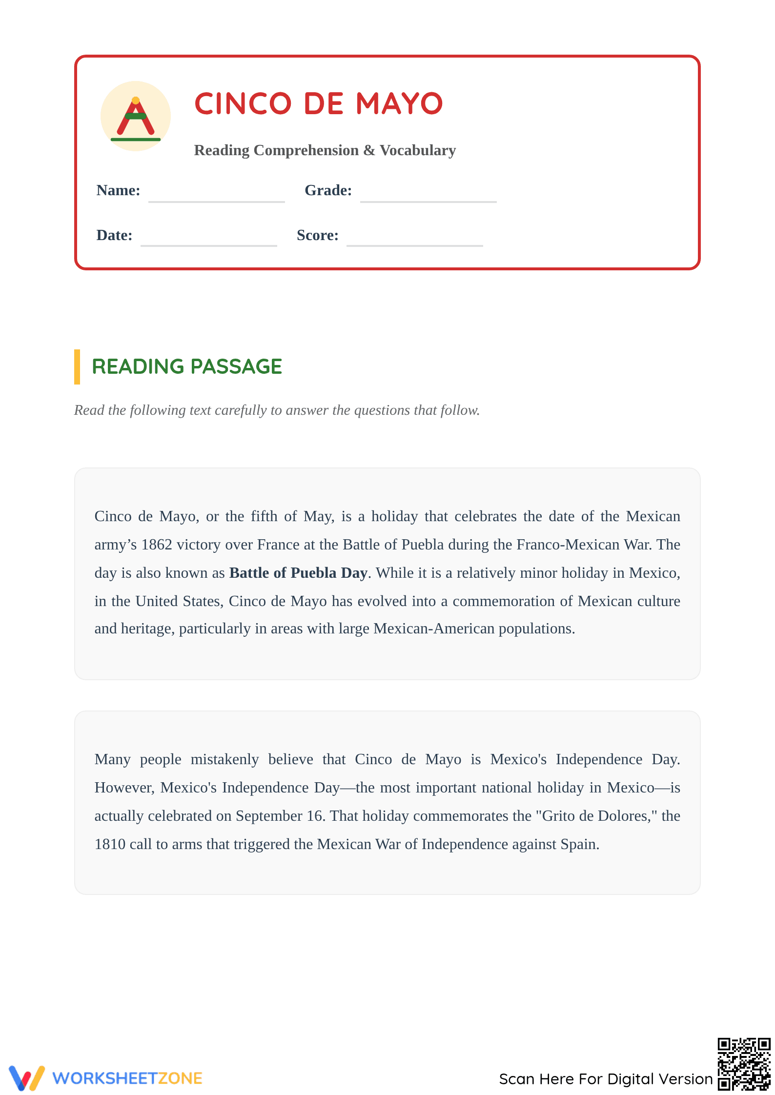 Grade 4 Cinco de Mayo — Printable No-Prep Worksheet - Page 1