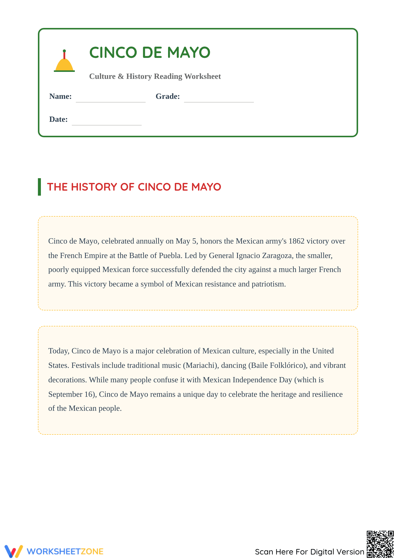 Cinco de Mayo Reading Comprehension | Essential Grade 4 ELA - Page 1