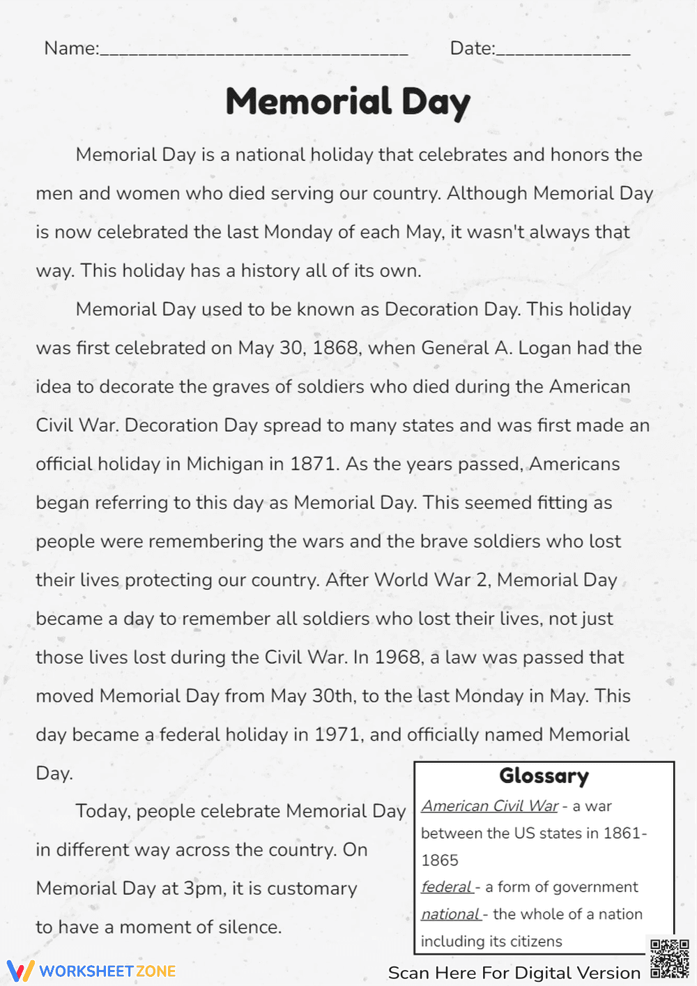 Memorial Day Reading Comprehension - History & Traditions (Grades 3-5) - Page 1