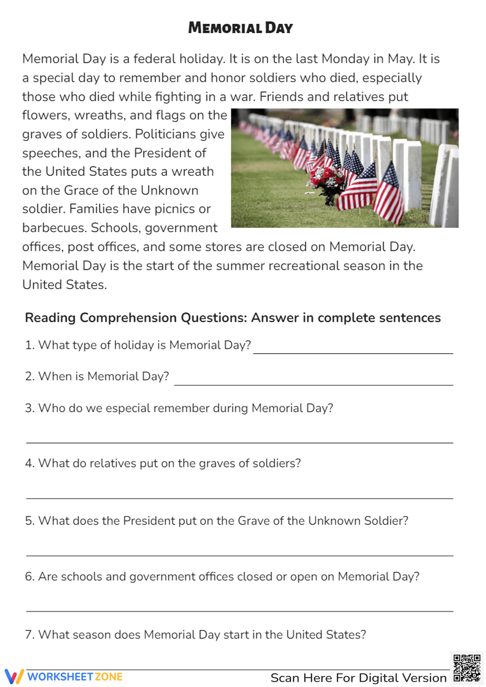 Memorial Day Reading Comprehension - Grades 2-4 Printable Sheet - Page 1