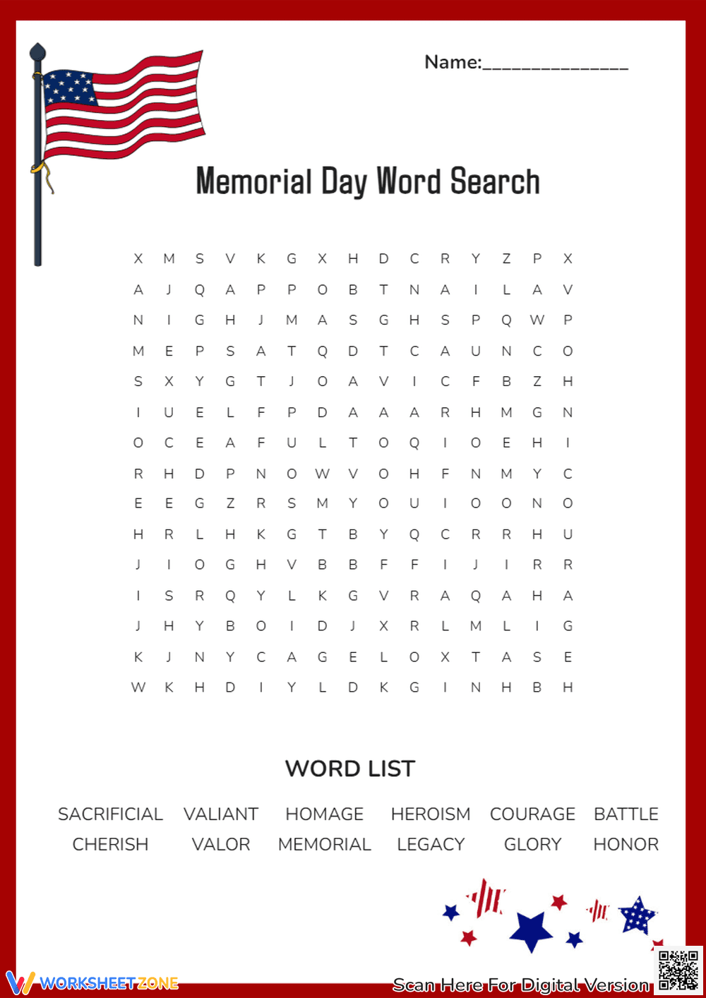Memorial Day Word Search Puzzle - Grades 3-5 Activity - Page 1