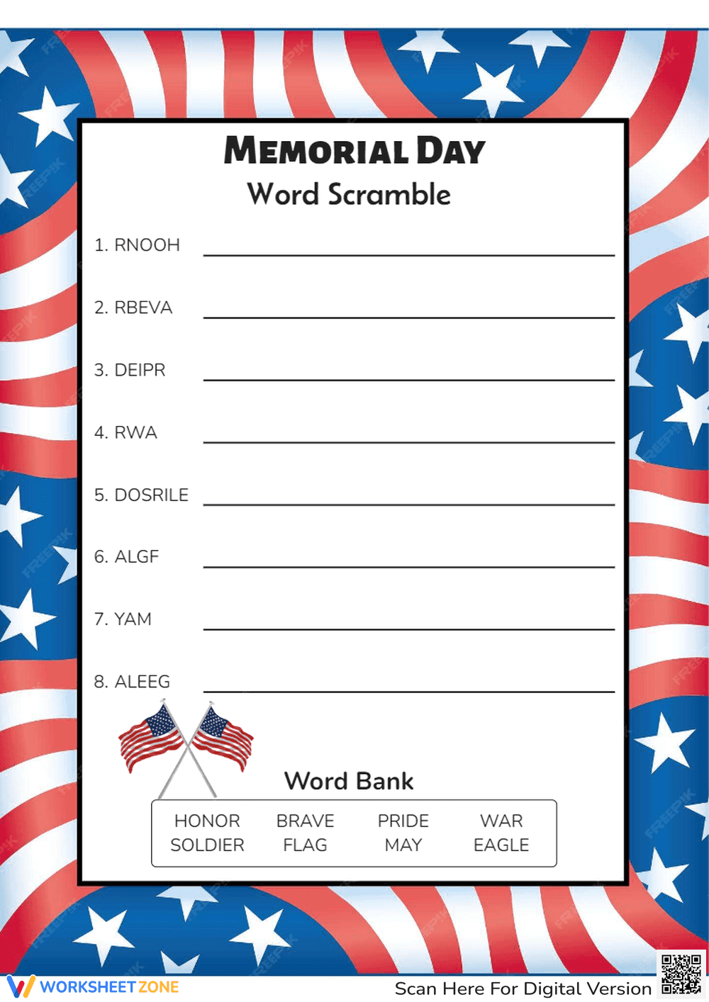 Memorial Day Word Scramble - Patriotic Vocabulary Fun for Kids - Page 1