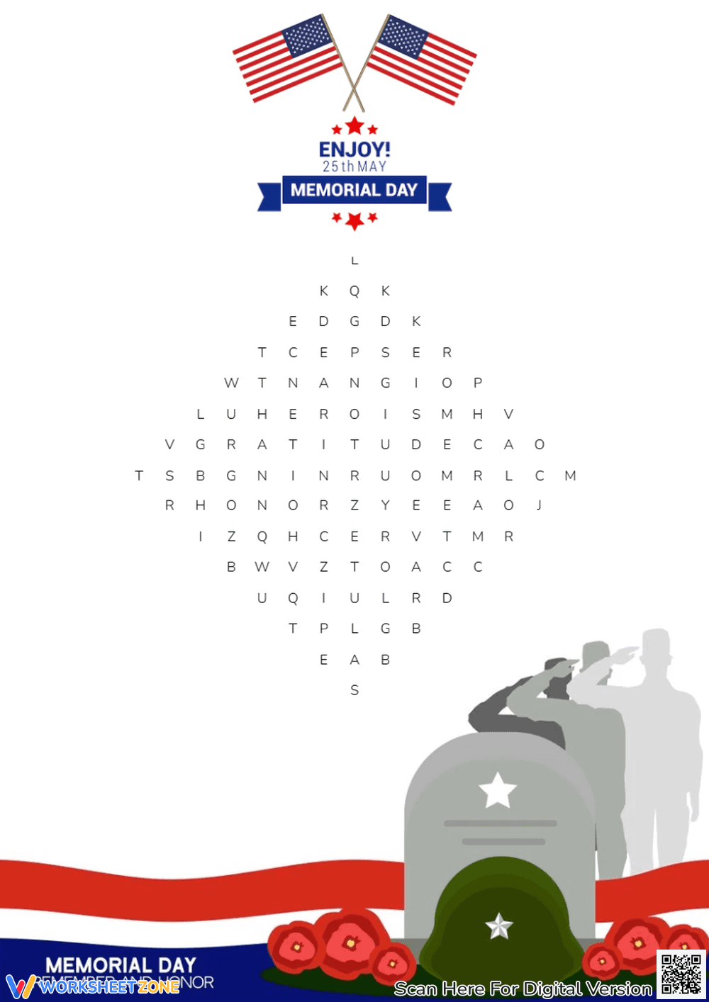 Memorial Day Word Search - Grades 2-5 Printable Puzzle Fun - Page 1