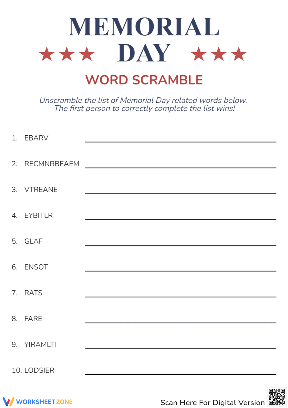 Memorial Day Word Scramble - Grades 2-5 Vocabulary Fun! - Page 1