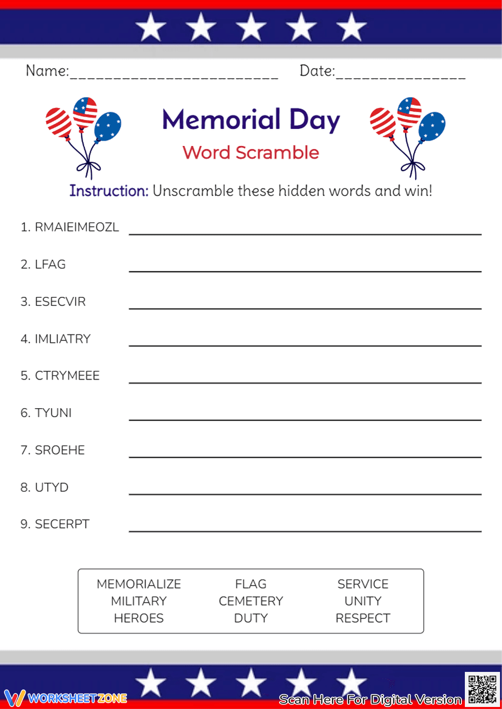 Memorial Day Word Scramble - Unscramble Patriotic Words! - Page 1