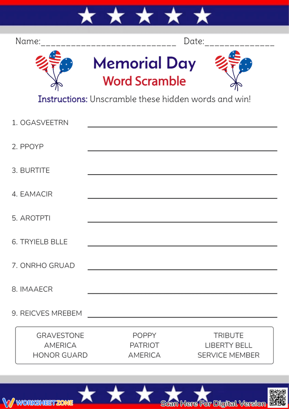 Memorial Day Word Scramble - Patriotic Vocabulary Fun! - Page 1
