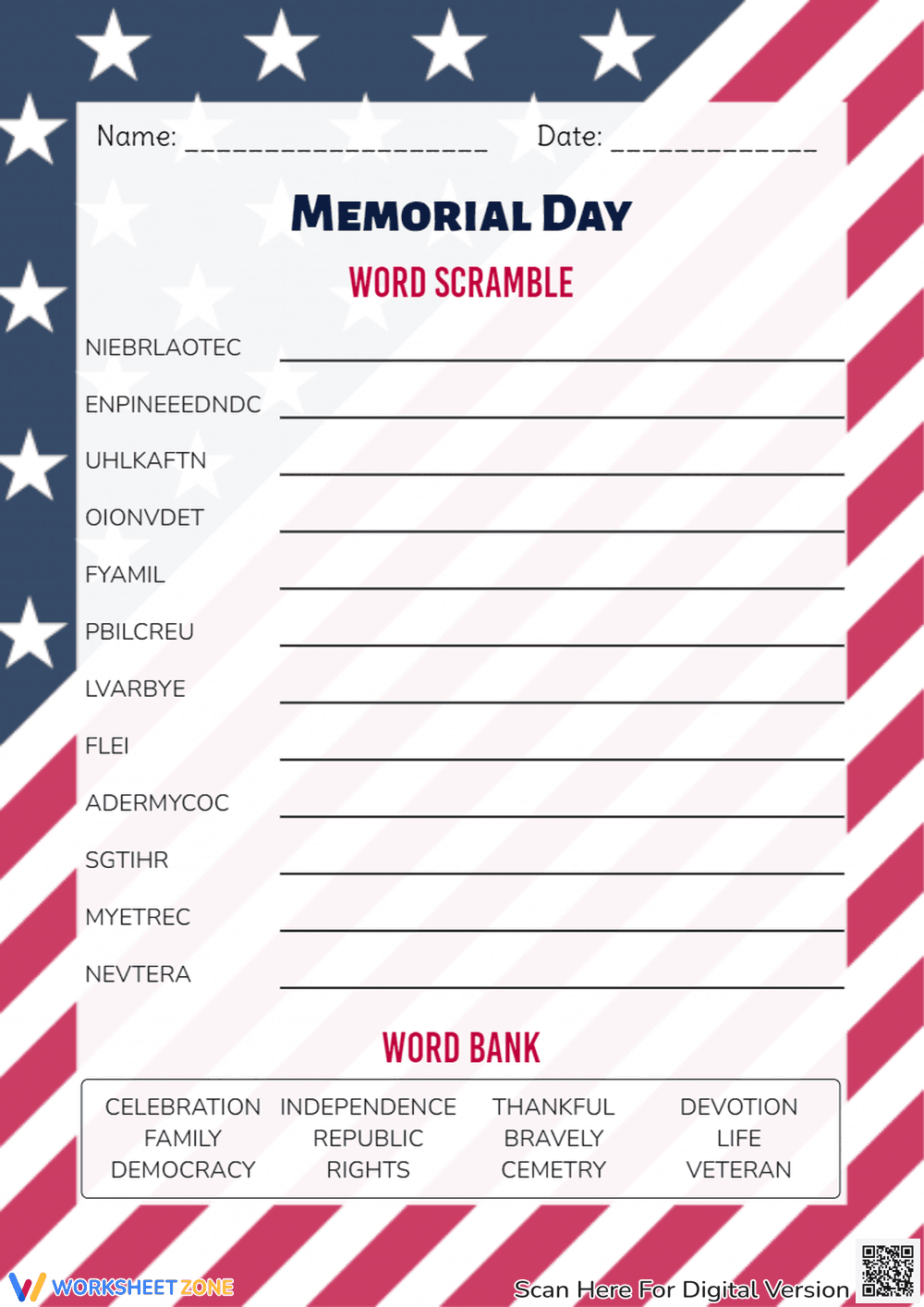 Patriotic Memorial Day Word Scramble Challenge - Page 1