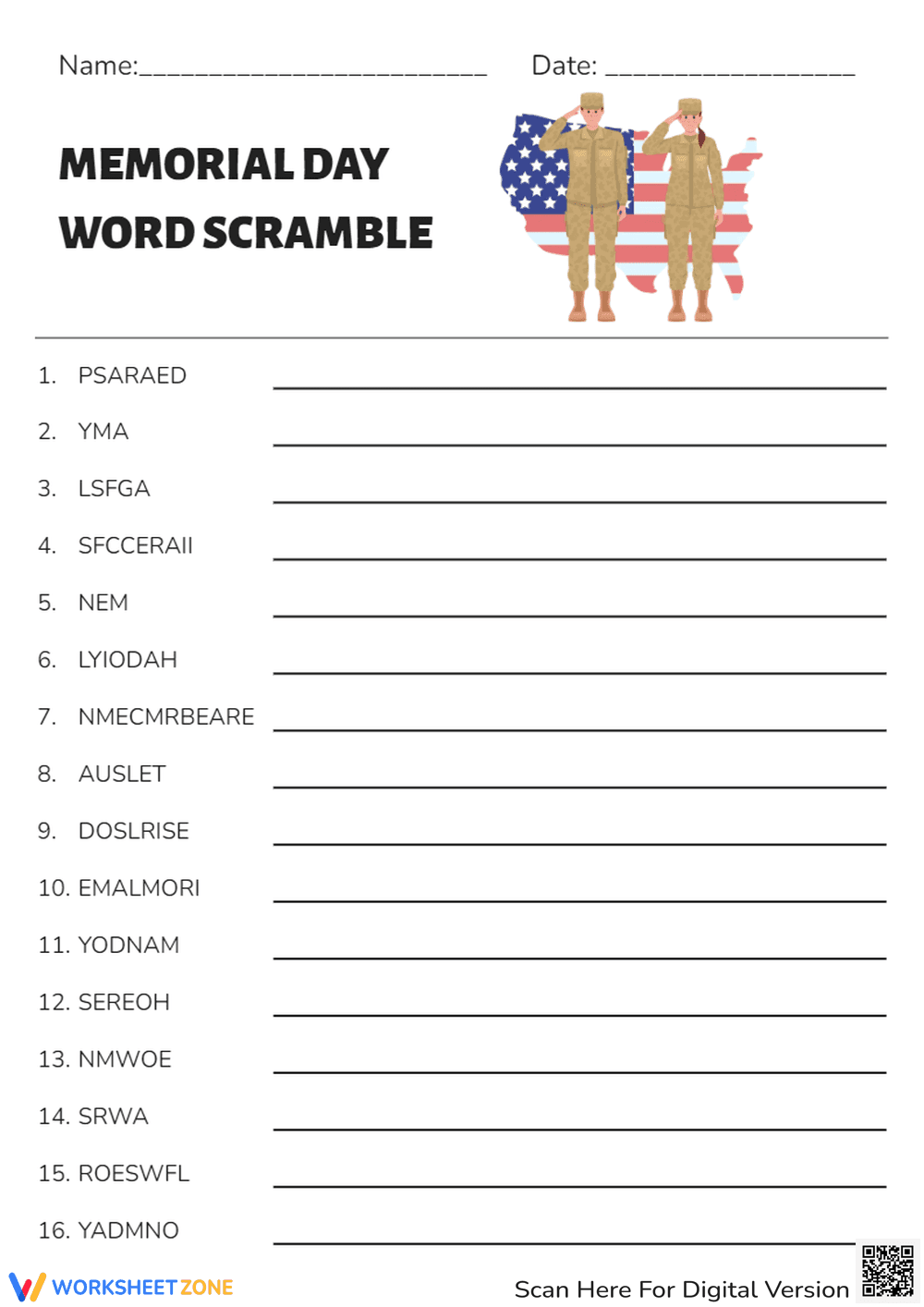 Engaging Memorial Day Word Scramble Worksheet - Page 1