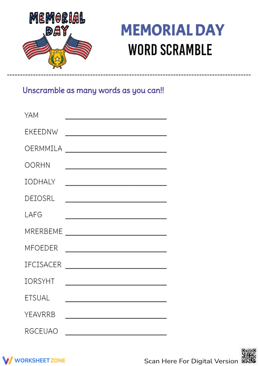 Memorial Day Word Scramble - Unscramble 14 Patriotic Words! - Page 1