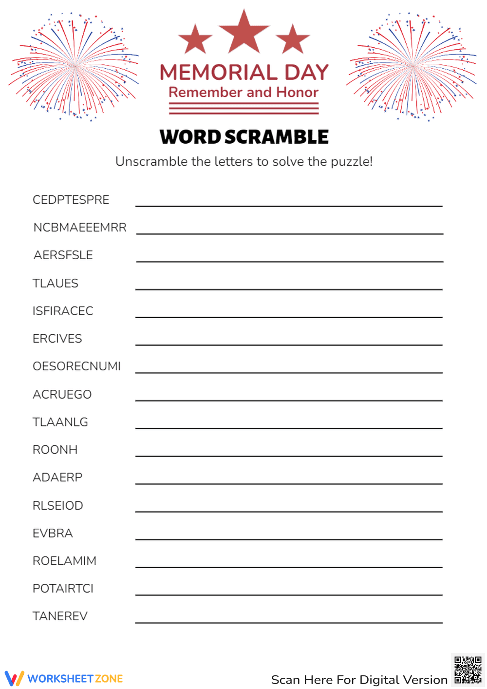 Memorial Day Word Scramble - Grades 3-5 Printable Activity - Page 1