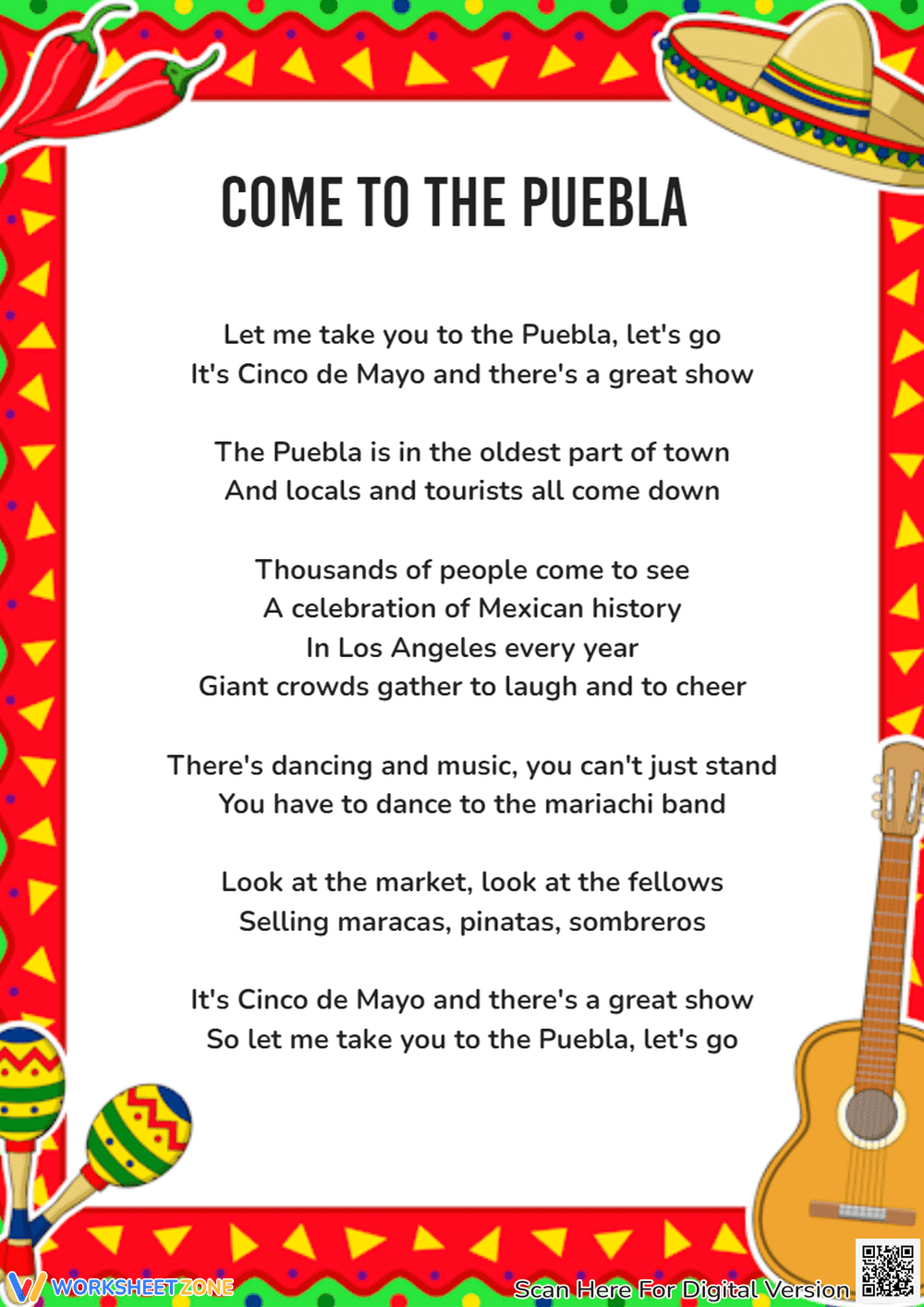 Cinco de Mayo Poem - 'Come to the Puebla' - Grades 2-4 Printable - Page 1