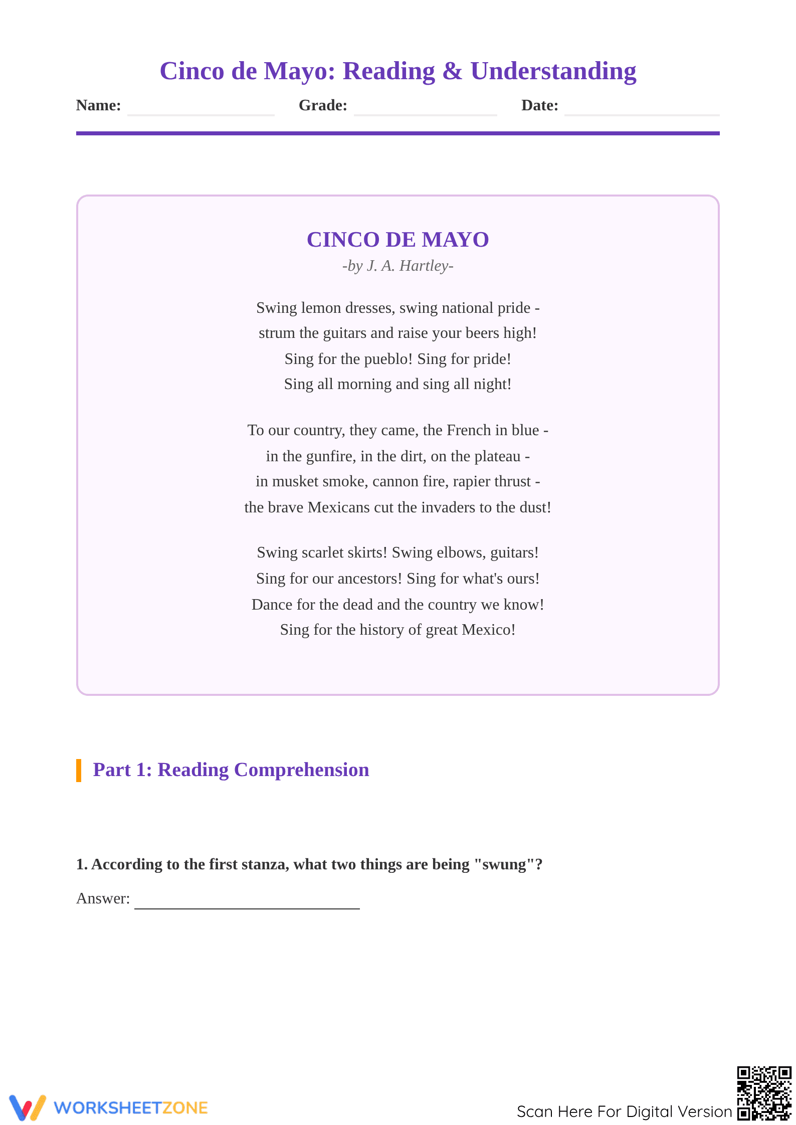 Grade 3 Cinco de Mayo Poem — Printable No-Prep Worksheet - Page 1