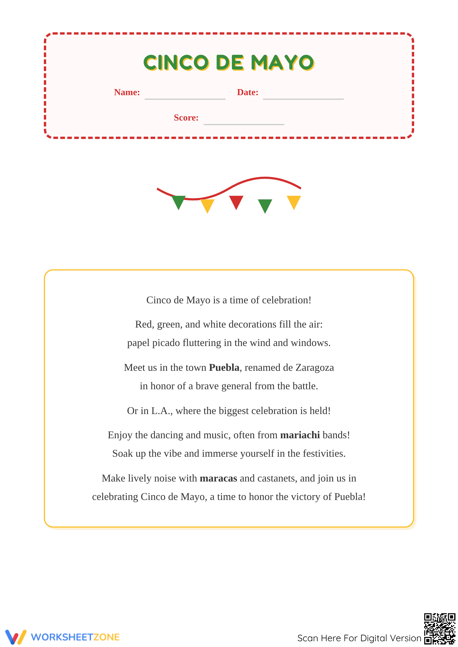 Cinco de Mayo Poem Worksheet | Grade 2 Essential - Page 1