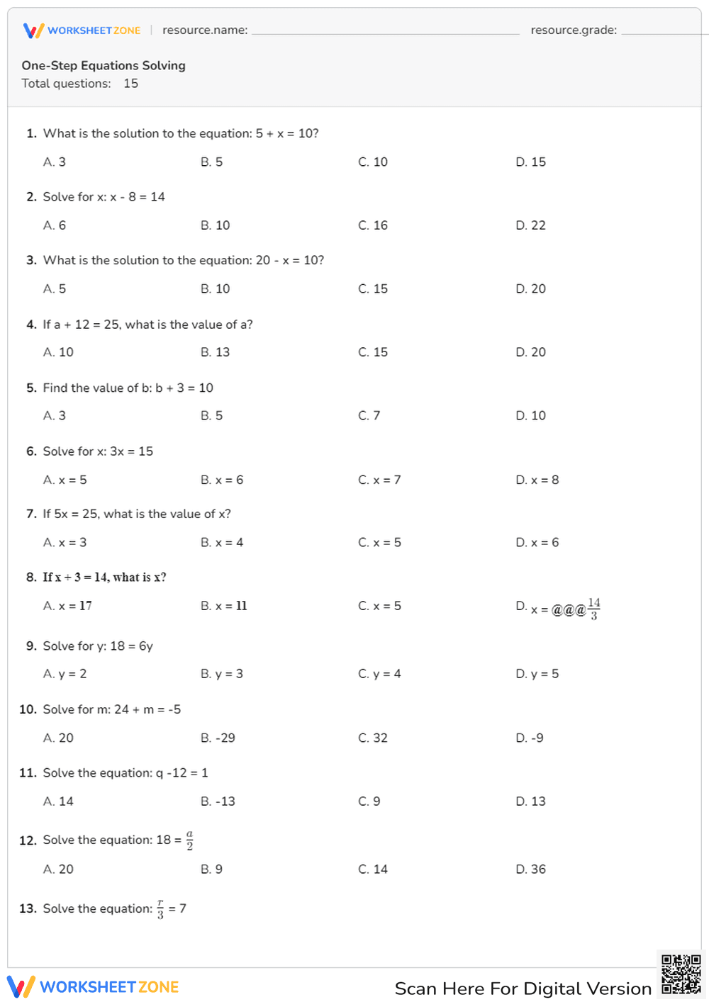 Solving One-Step Equations: Practice Worksheet - Page 1