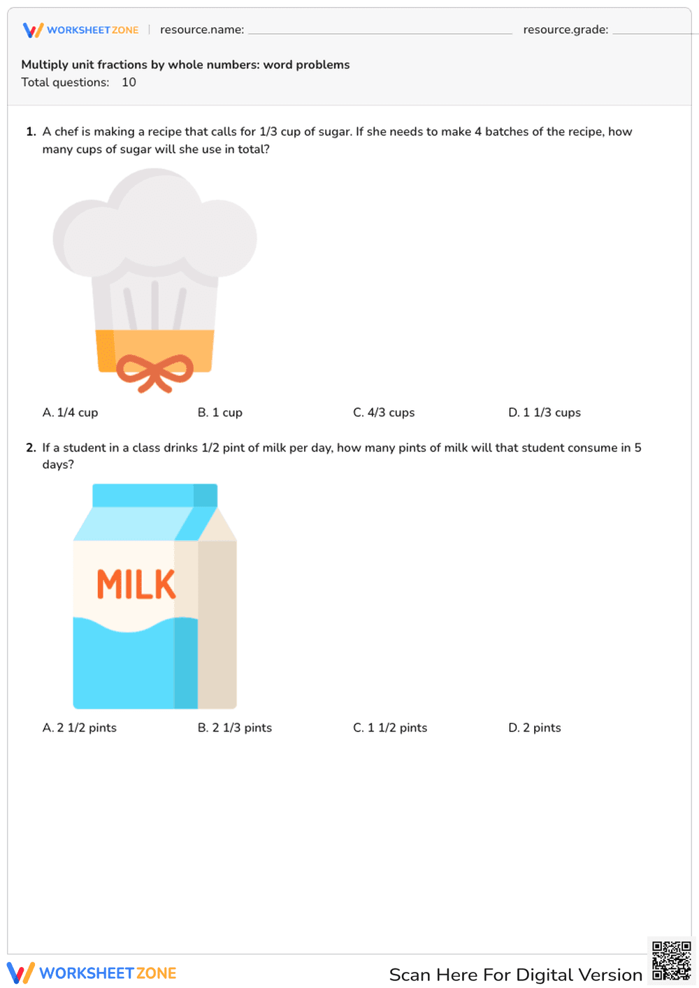 Multiplying Unit Fractions by Whole Numbers: Word Problems - Page 1