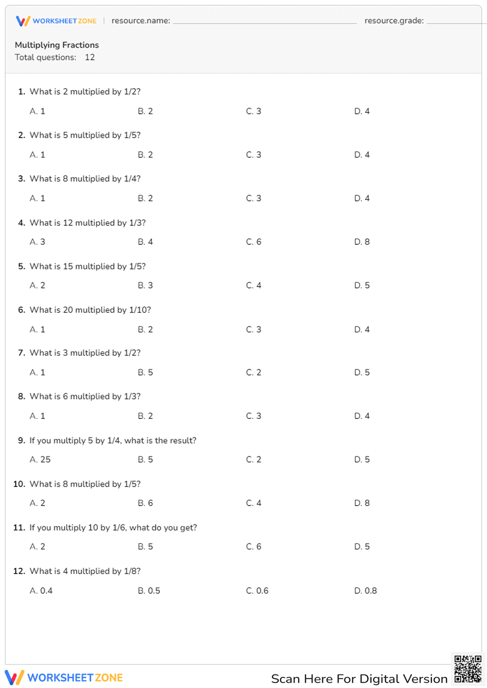 Multiplying Fractions by Whole Numbers - Page 1