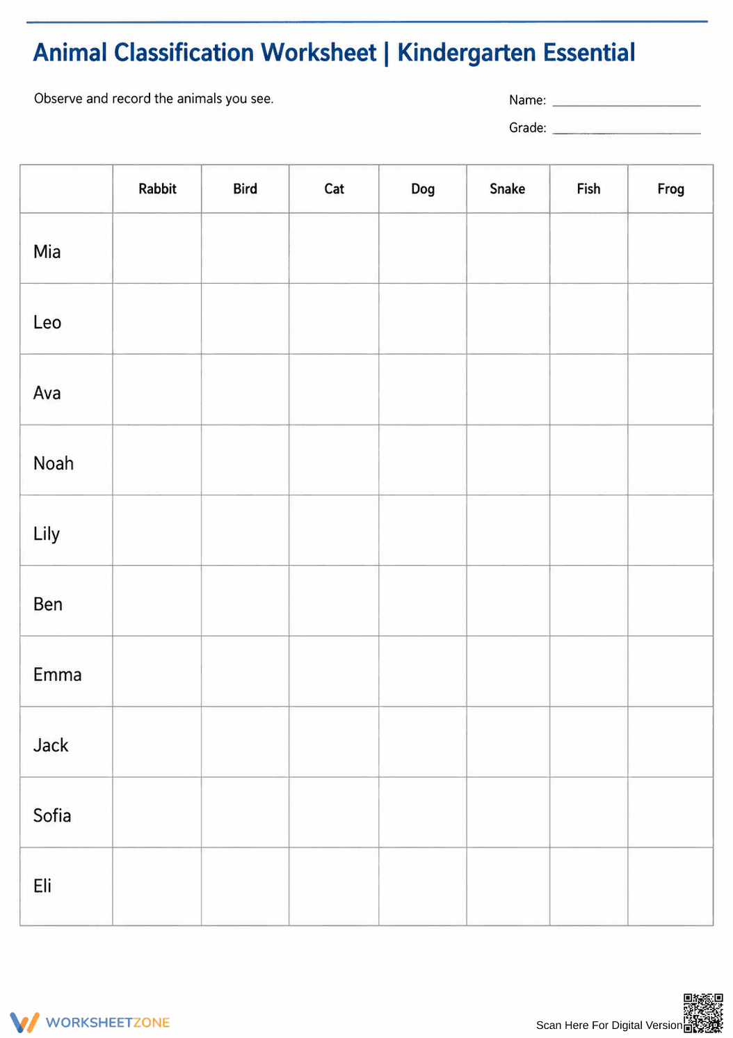 Grade K Animal Classification — Printable No-Prep Worksheet - Page 1