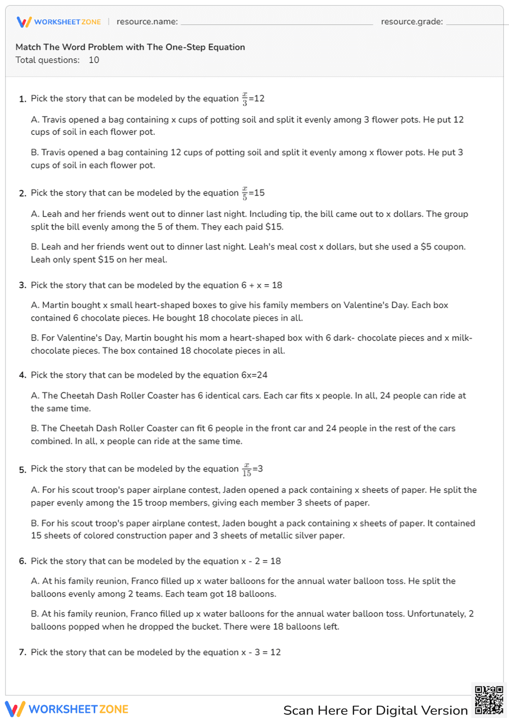 Match The Word Problem with The One-Step Equation - Page 1