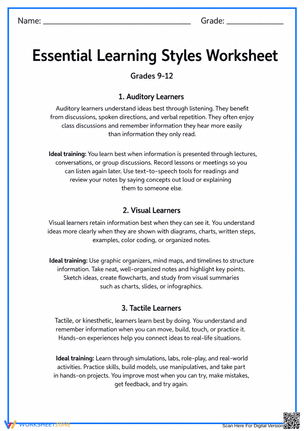 Essential Learning Styles Worksheet | Grades 9-12 Ready - Page 1