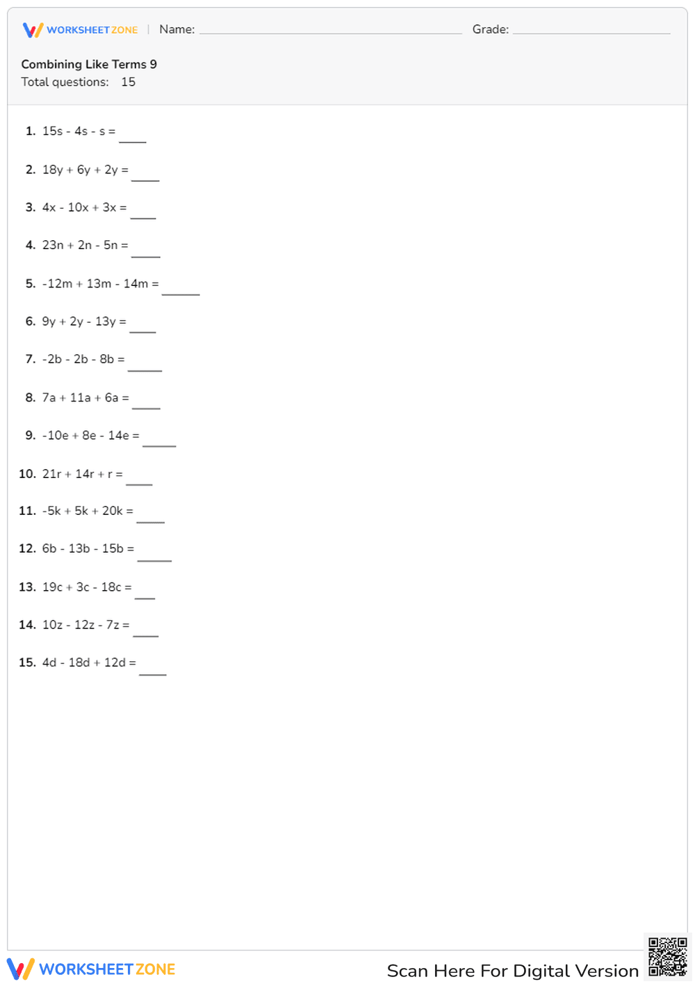 Combining Like Terms: Algebraic Expressions - Page 1