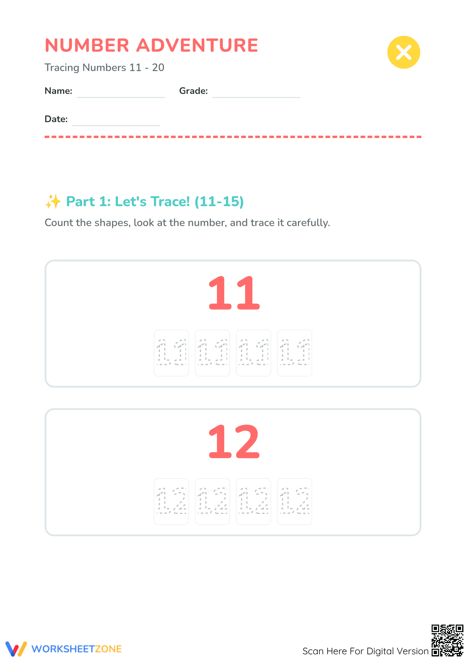 Tracing Numbers 11-20 | Essential Preschool Math - Page 1