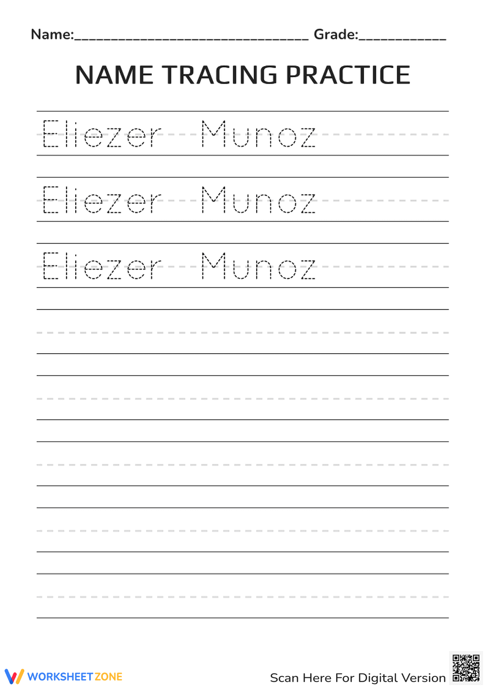 Grade K Name Tracing — Printable No-Prep Worksheet - Page 1