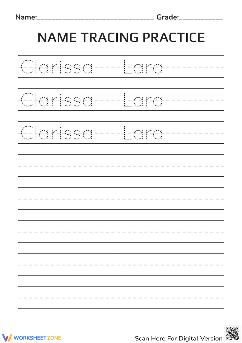 Name Tracing: Clarissa Lara — Printable Grade 1 Worksheet - Page 1