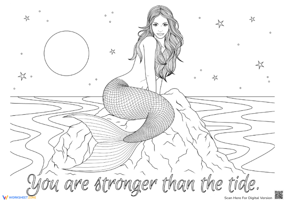 Mermaid Coloring Page - 'Stronger Than The Tide' Printable Fun! - Page 1