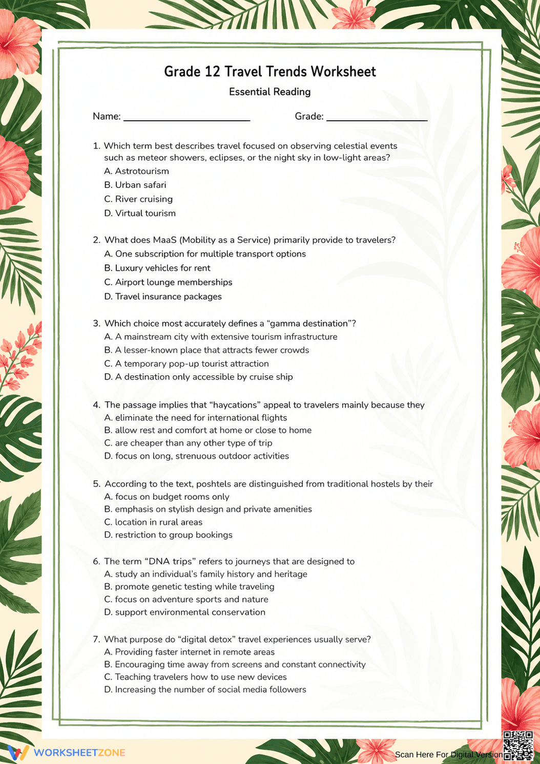 Grade 12 Travel Trends — Printable No-Prep Worksheet - Page 1