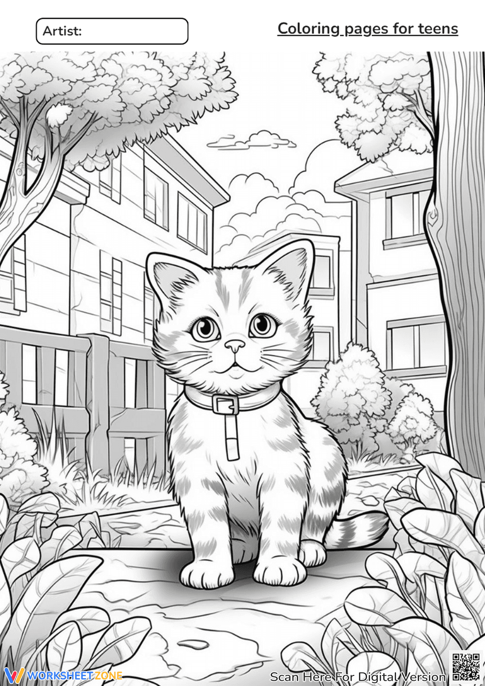 Cute Cat Coloring Page for Teens - Page 1