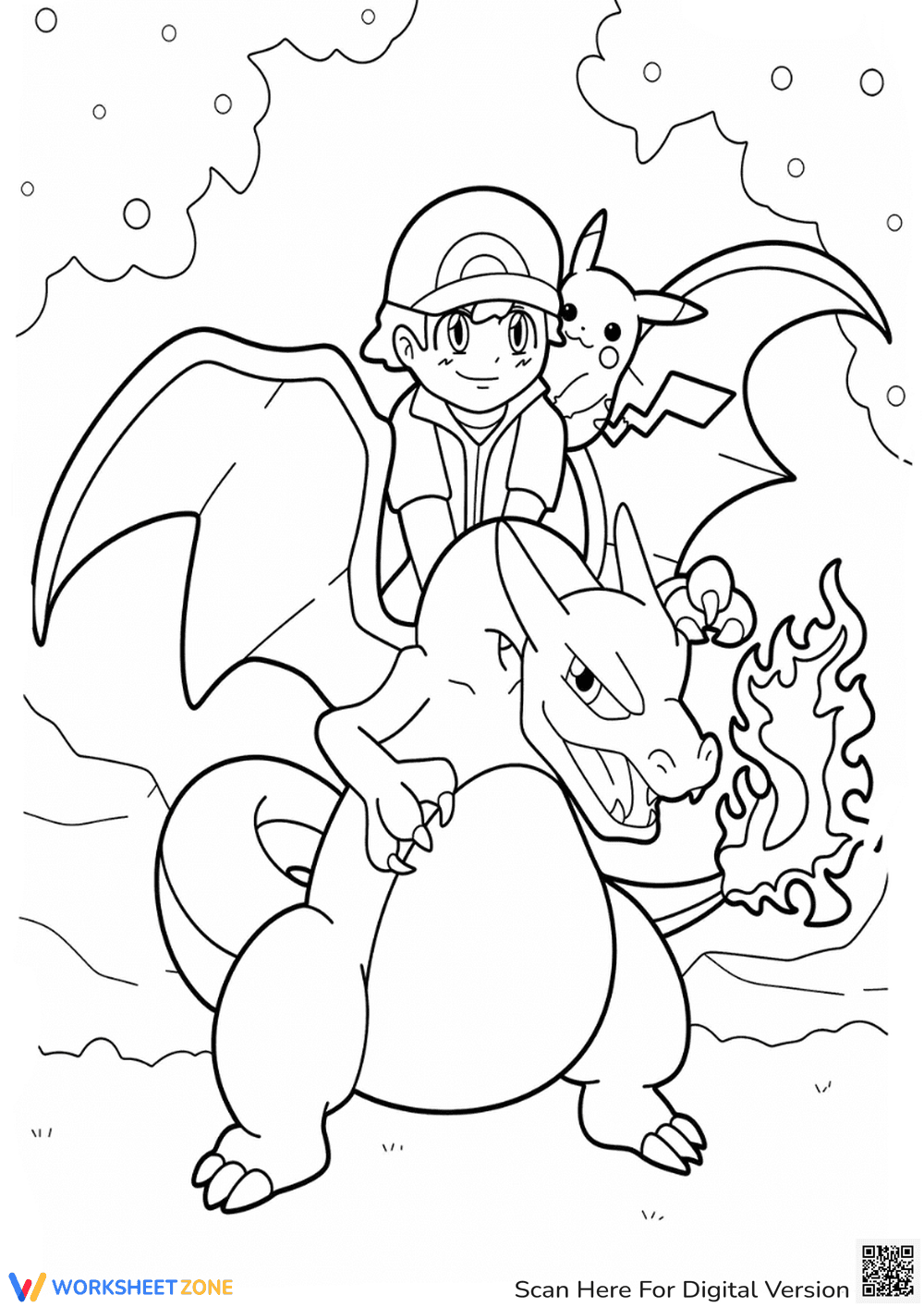 Pokémon Coloring Page: Ash, Pikachu & Charizard Fun! - Page 1