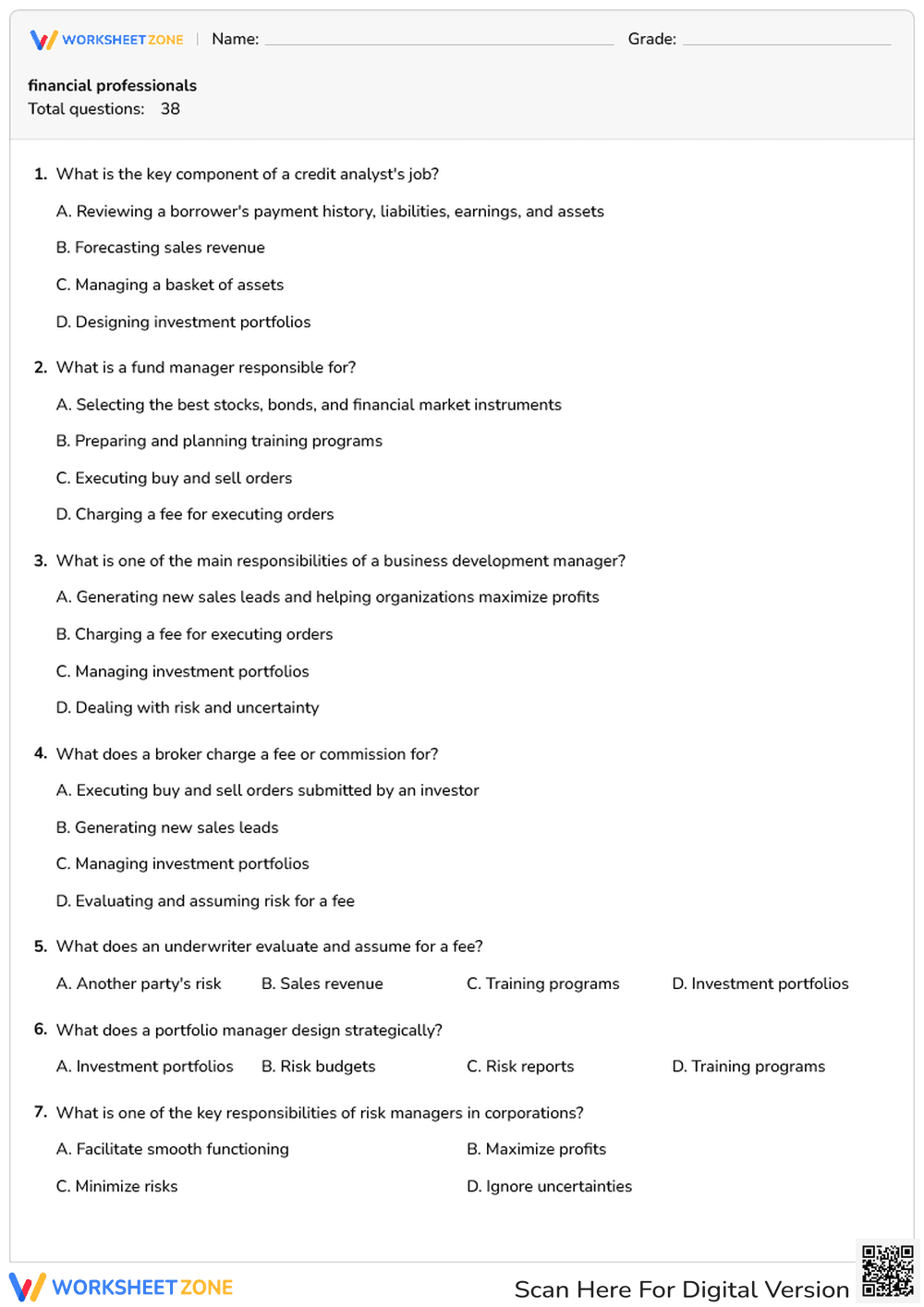 Printable Financial Professionals Quiz | College - Page 1