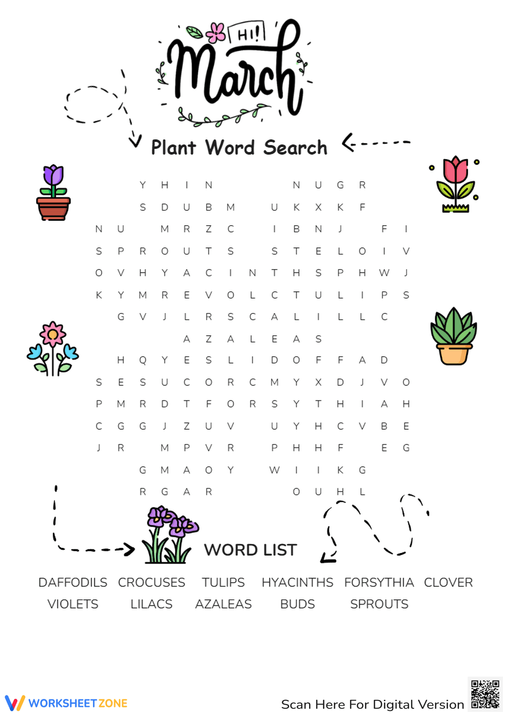 March Plant Word Search - Spring Flower Vocabulary Puzzle - Page 1