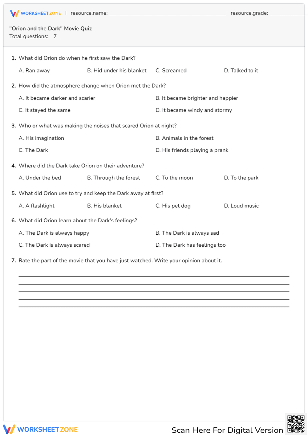 Printable Orion and the Dark Movie Quiz | Grade 5 - Page 1