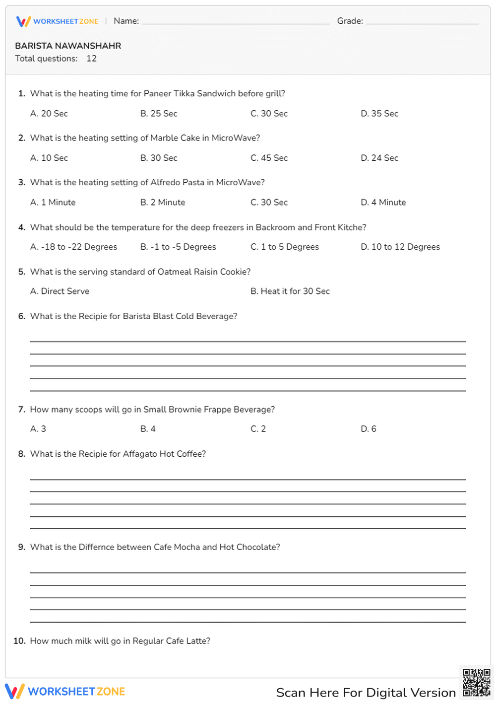 Printable Barista Training Exam | College CTE Worksheet - Page 1