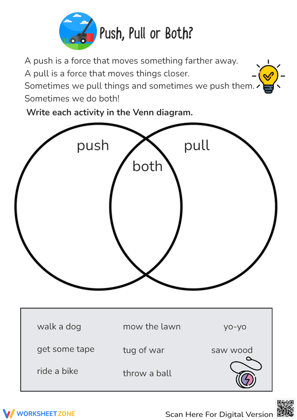 Grade 3 Push and Pull Forces — Printable No-Prep Worksheet - Page 1