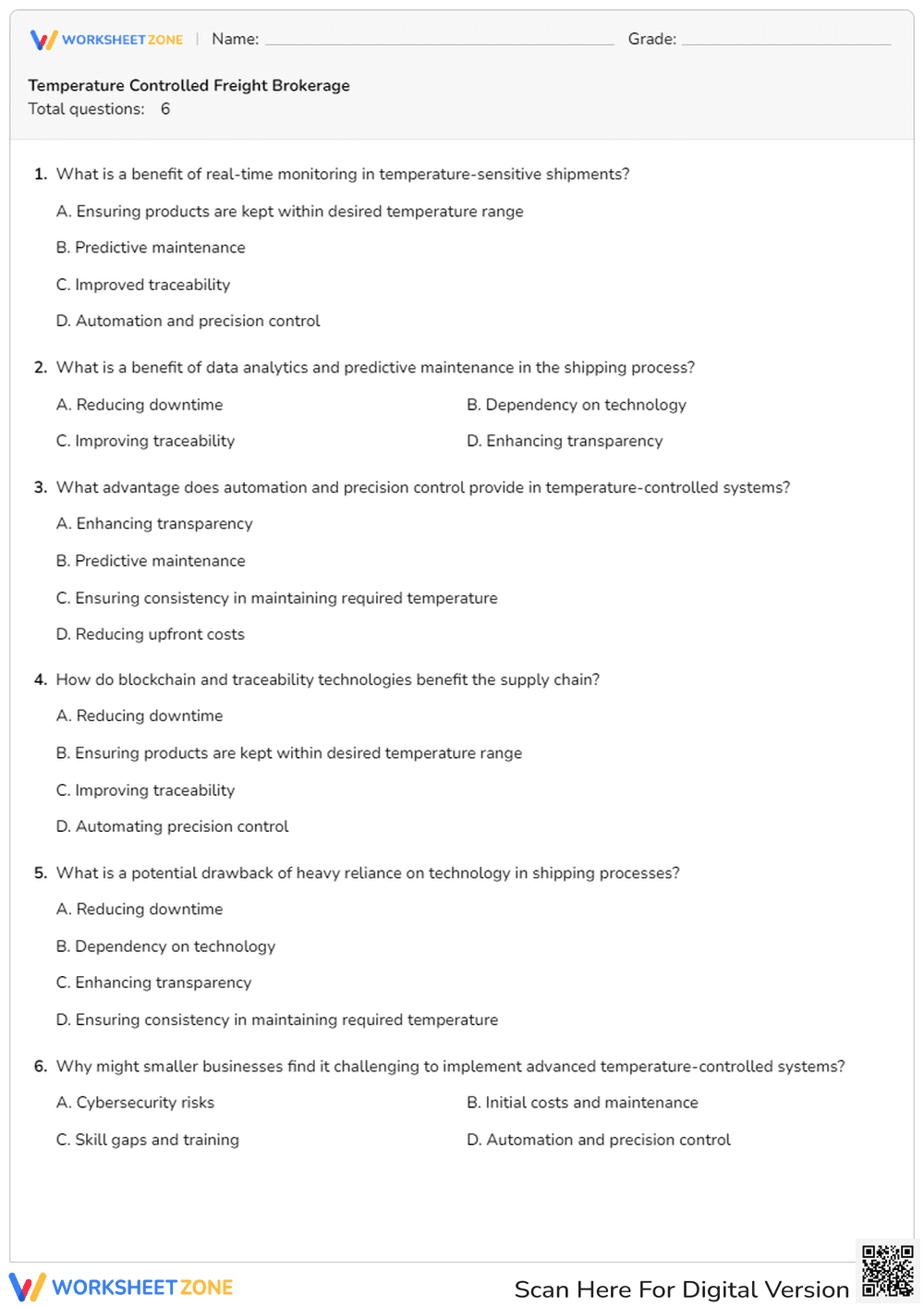 Printable Freight Brokerage Quiz | Grade 7 - Page 1