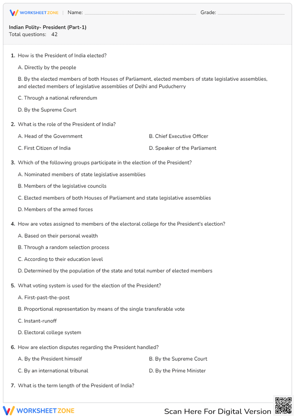 Indian Polity: President Quiz | Essential Grade 10-12 - Page 1