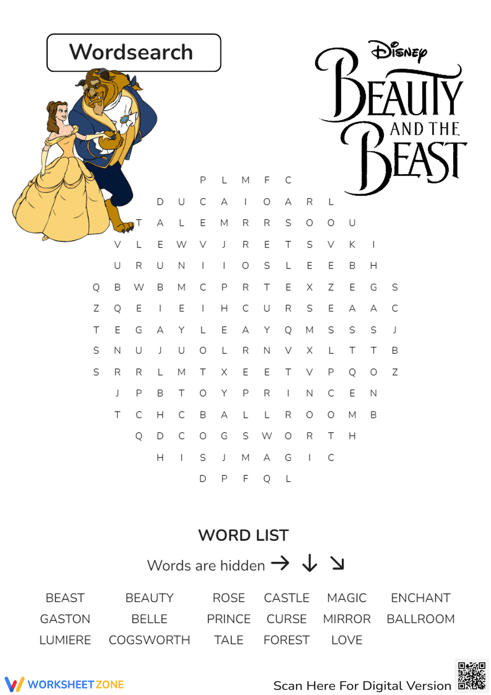 Beauty and the beast Wordsearch - Page 1