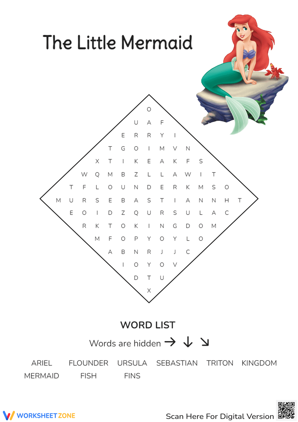 Little Mermaid Word Search - Fun Printable Activity for Kids - Page 1