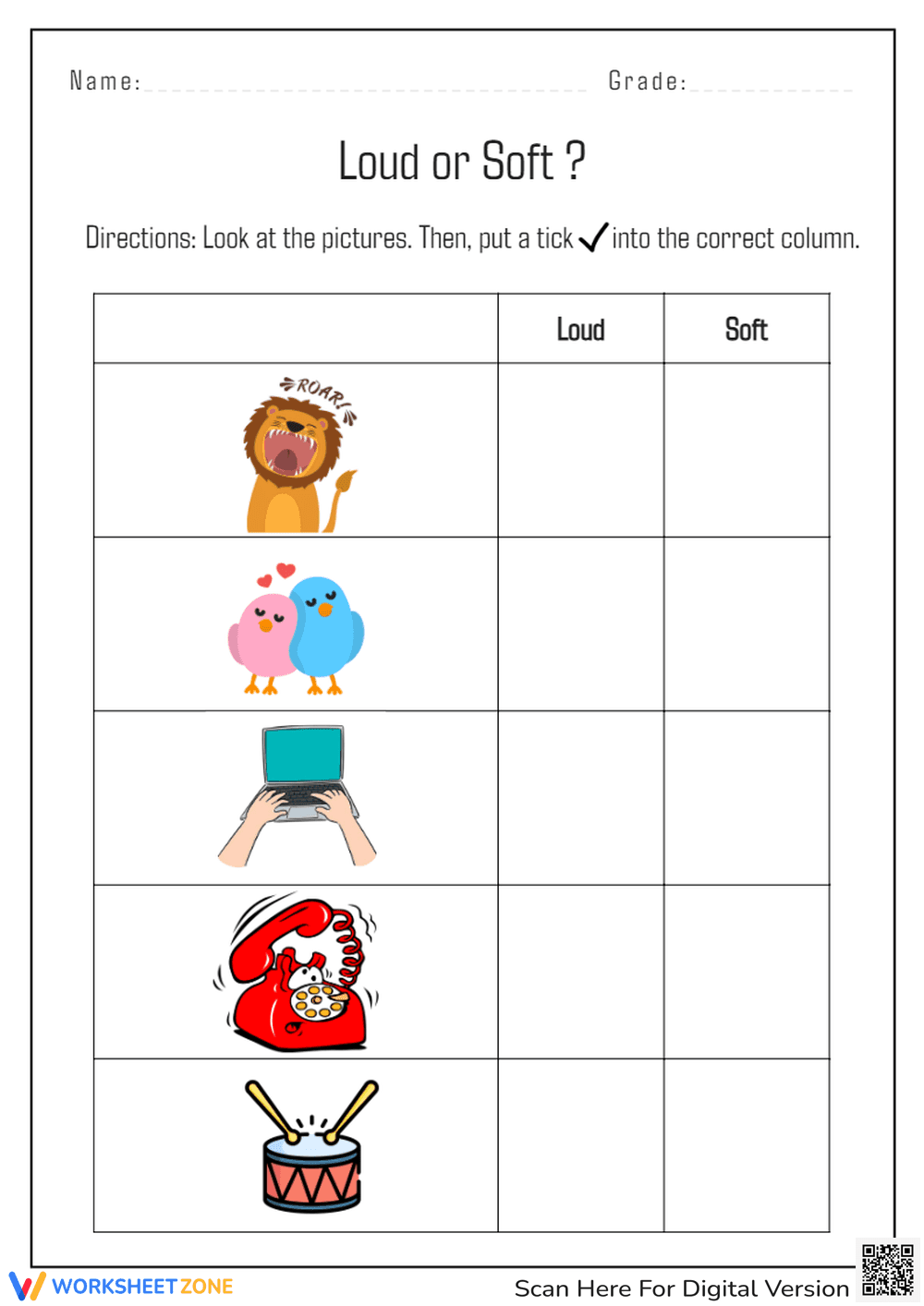 Loud or Soft Sounds Sorting Worksheet - Page 1
