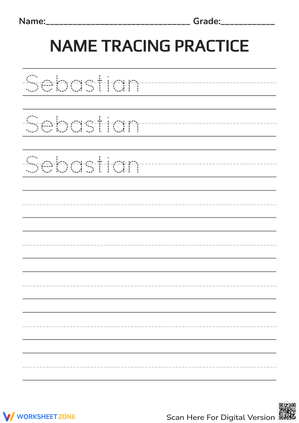 Sebastian Name Tracing Printable | Grade 1 Handwriting - Page 1