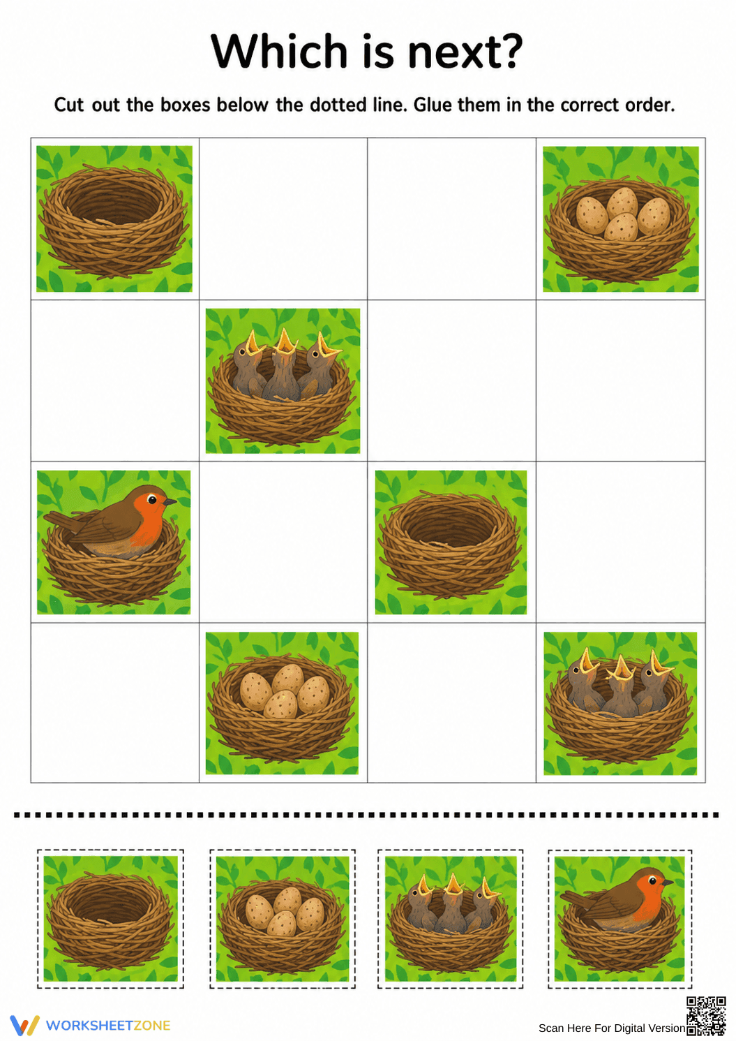 Bird Life Cycle Printable Sequencing Worksheet | Grade K - Page 1