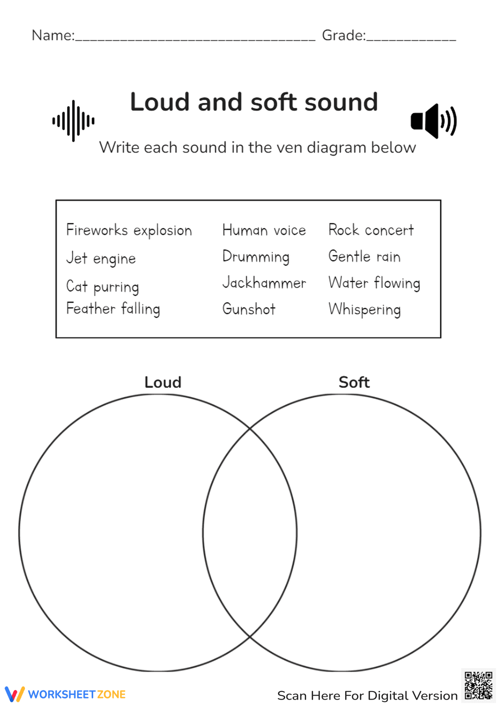 Loud and Soft Sound Worksheet – Venn Diagram Activity - Page 1