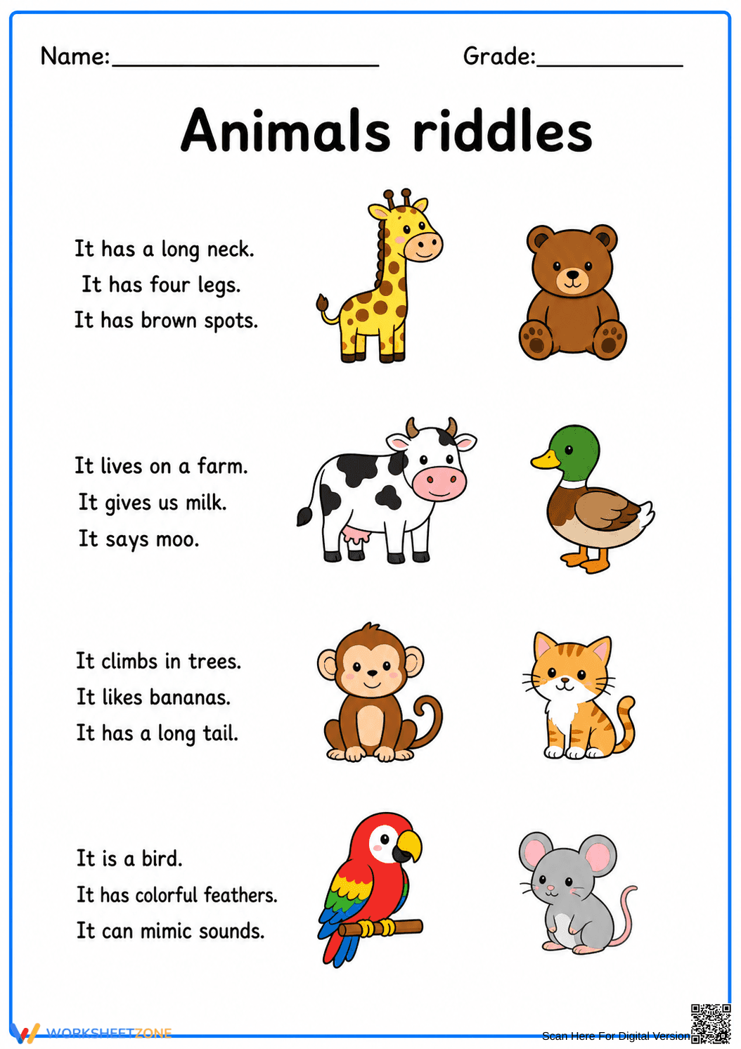 Grade K Animal Riddles — Printable No-Prep Worksheet - Page 1