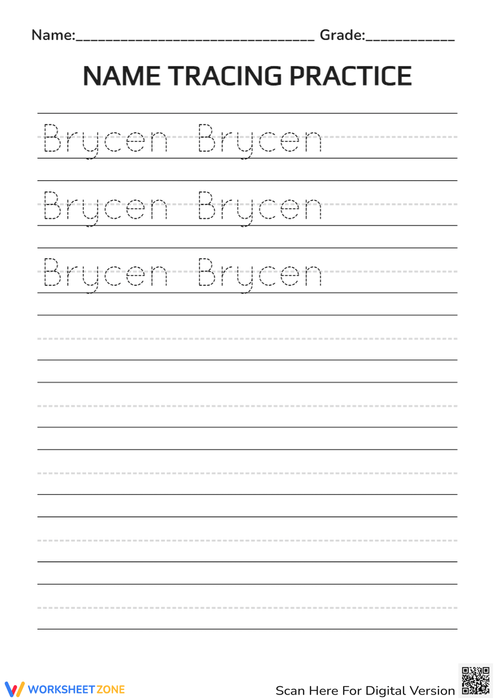 Brycen Name Tracing Practice | Essential Grade 1 Worksheet - Page 1