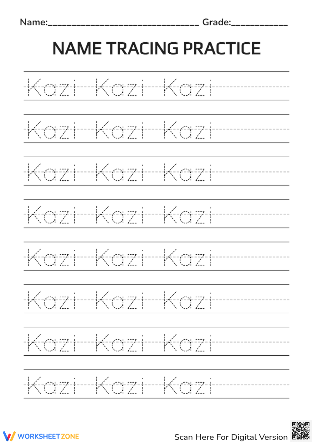 Handwriting Sheet – Kazi Name Tracing - Page 1