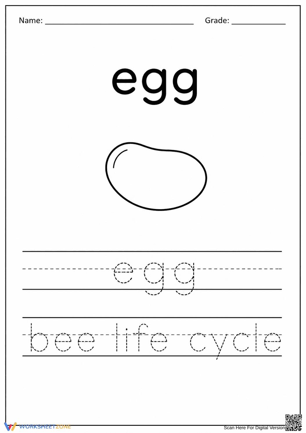 Printable Bee Egg Tracing Worksheet | Grade K-1 - Page 1